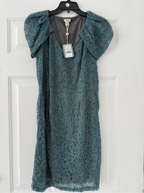 Hoss Intropia Teal Lace V-Neck Puff Sleeve Dress